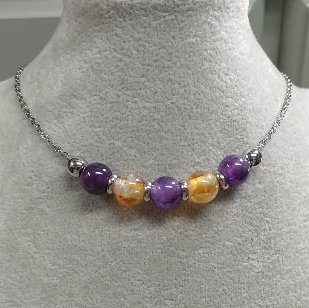Citrine Amethyst Bead Necklace Natural Gemstone Crystal Stainless-Steel Chain